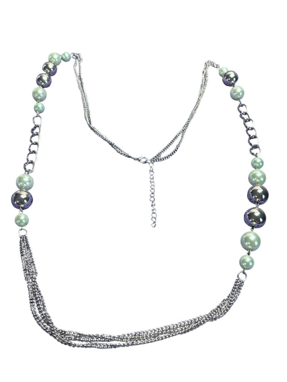 Double Strand Silvertone Chain Necklace Chunky Beads Green Plastic Faux Pearls